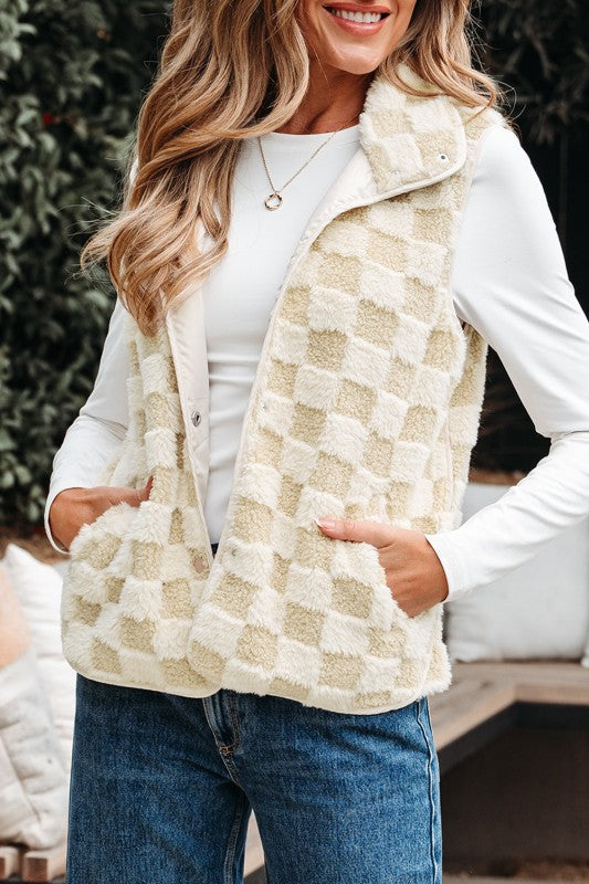 Checker Sherpa Snap Button Vest Jacket With Pocket See size chart under “more details”