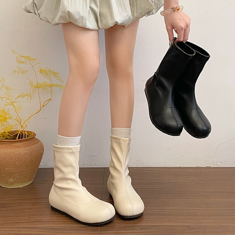 Women's Off White French Style Ankle Boots Chunky Head Martin Boots Brown Slim Fit Short Boots