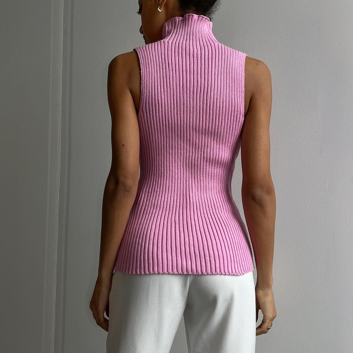 Turtleneck Sleeveless Top, Fashion Casual Knit Sweater