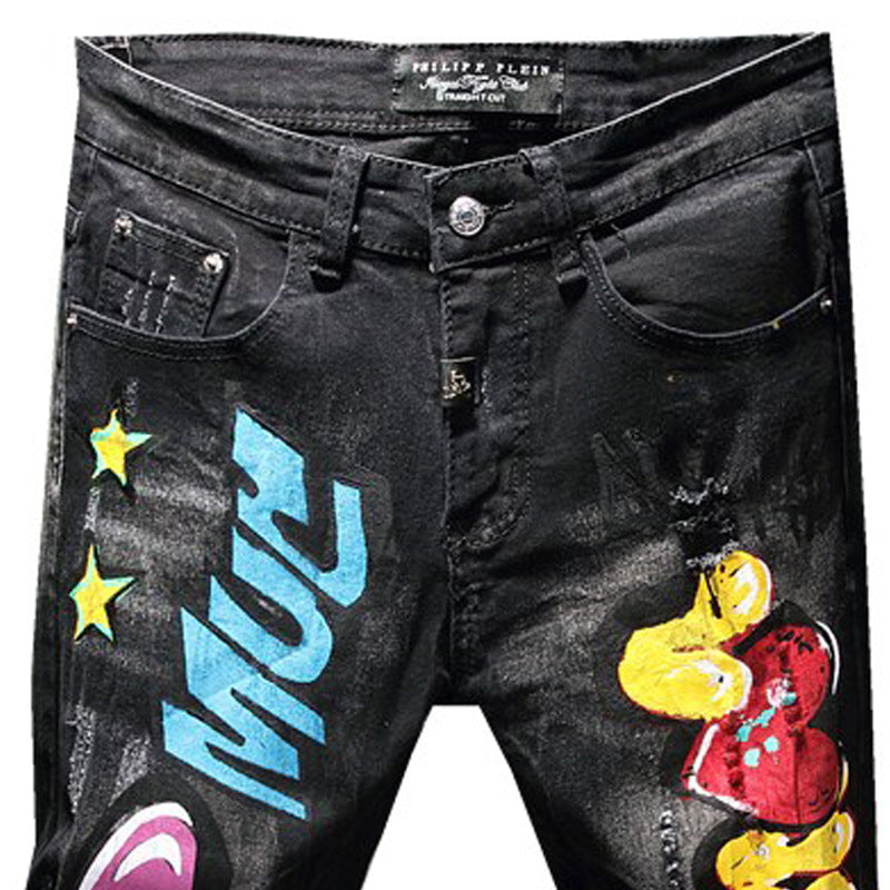 Men’s Urban Slim Fit Black Denim with Vibrant Multi-Color Graphic Art