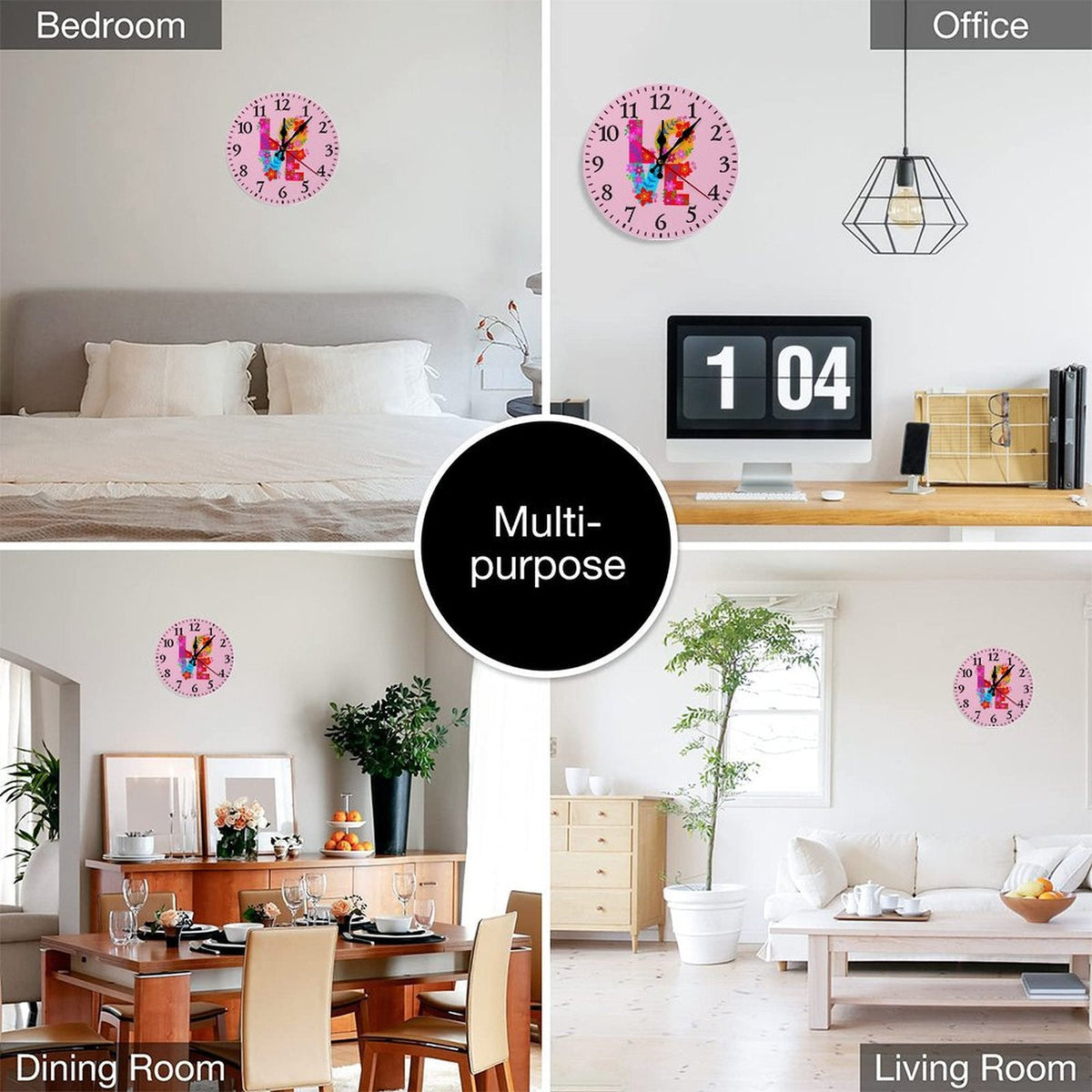 Floral LOVE Pink Modern Wooden Wall Clock