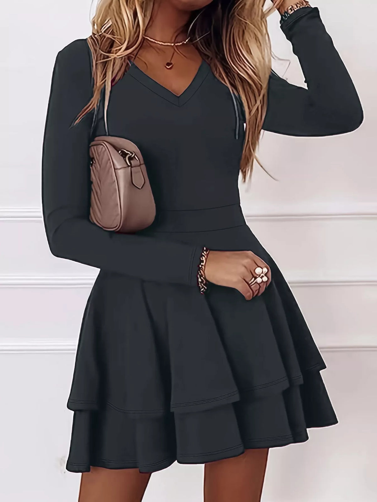 V-Neck Layered Ruffle Mini Dress