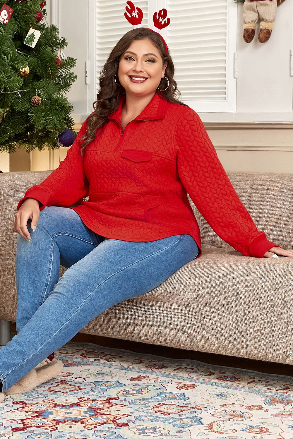 Love Salve Women's Plus Size Cable Knit Pullover — Quarter Zip Sweater