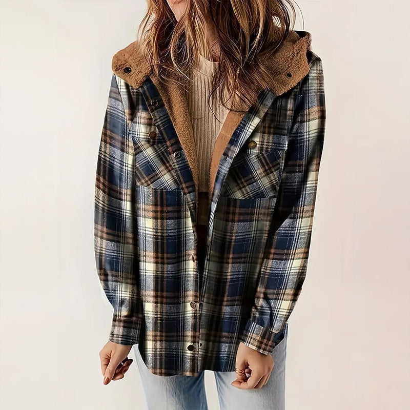Chaqueta de manga larga a cuadros con botones para mujer
