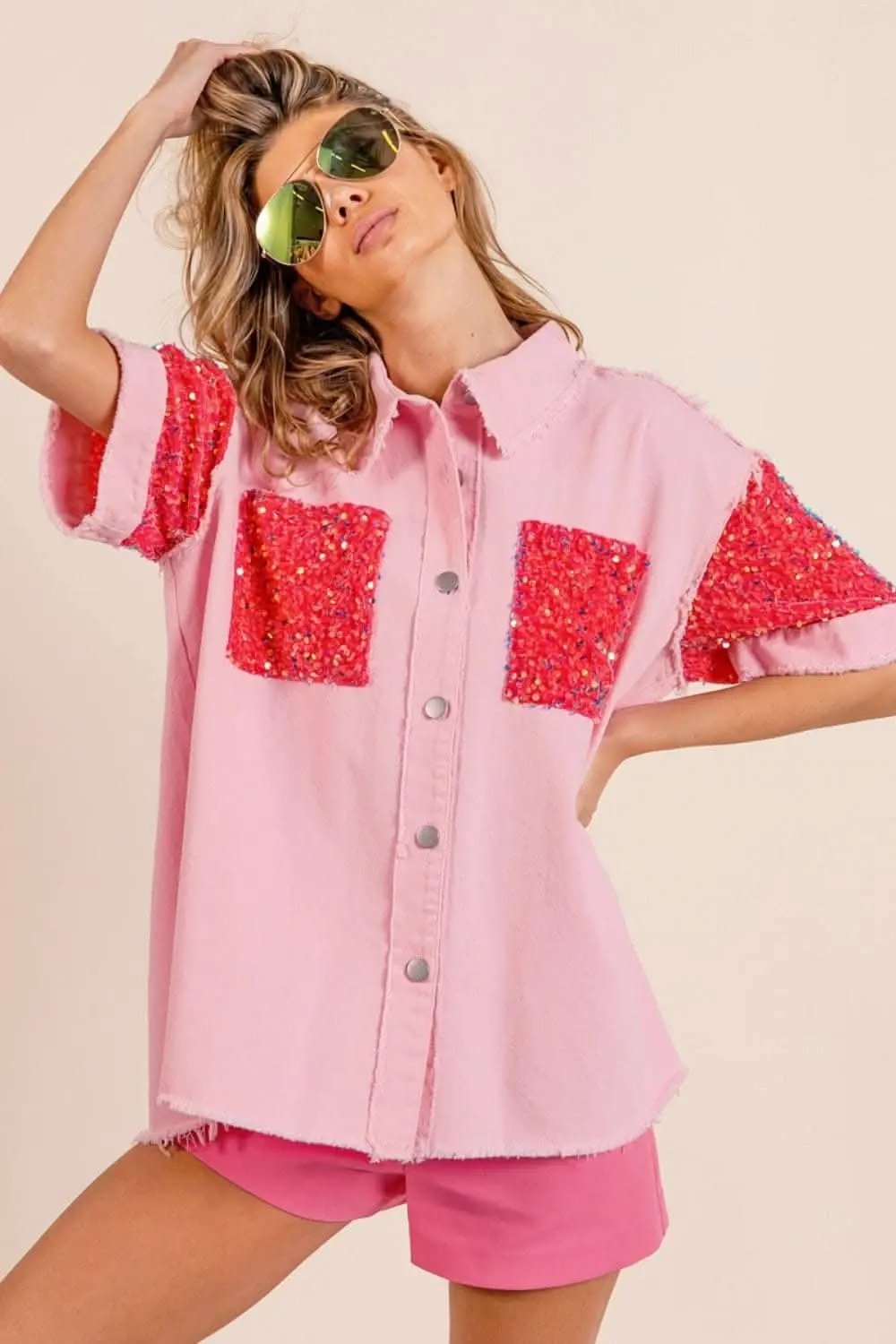 Pants Trendsi Sequin Tee Women's Casual Top Short Sleeve Raw Hem Chic T-Shirt