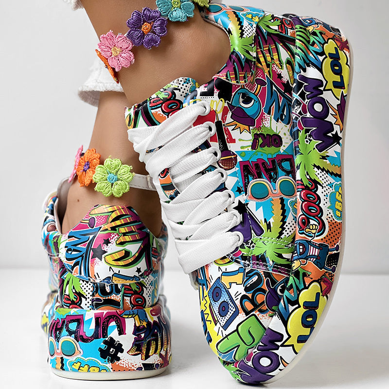 Zapatillas con cordones de punta redonda y suela gruesa — Zapatos casuales estampados para mujer