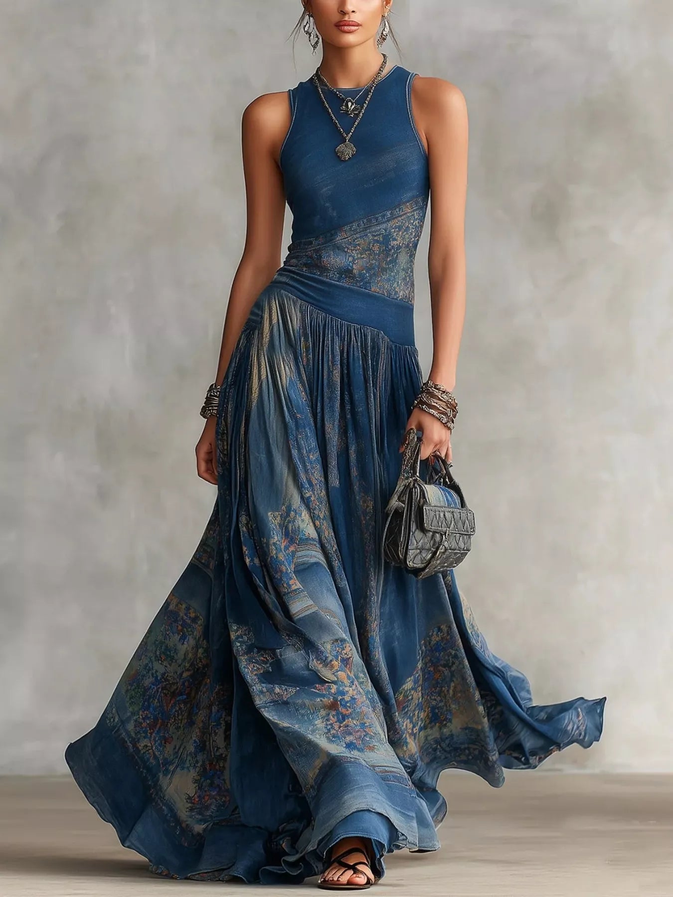 Printed Round Neck Sleeveless Maxi Dress