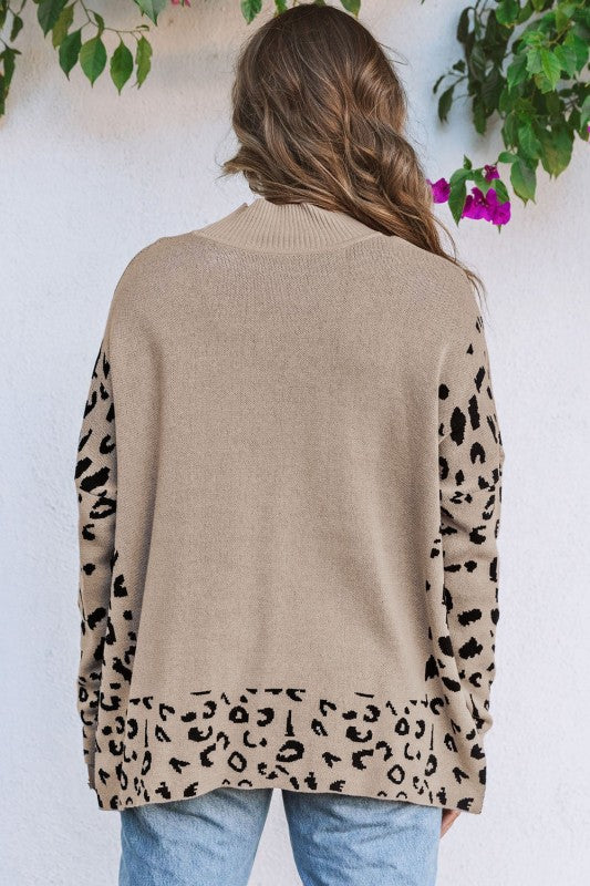 Leopard Mock Neck Side Slit Sweater