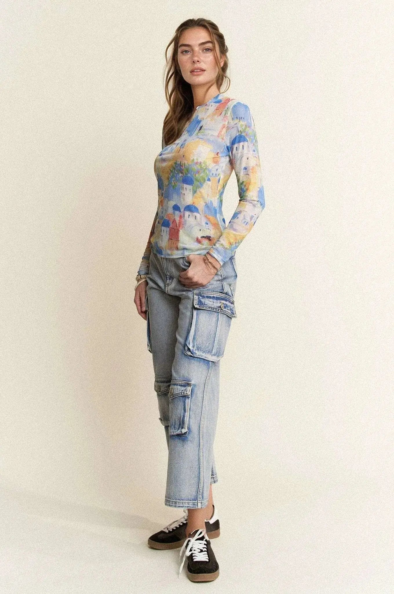 Mesh Top - Print Long Sleeve Lightweight - Casual Trendy
