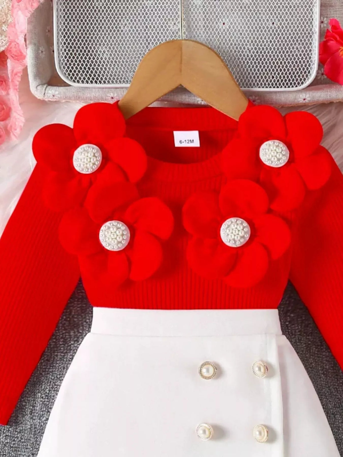 Children's Floral Applique Ribbed Top & Button Decor Skirt Set