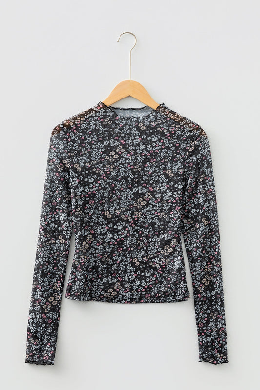 Top ajustado de malla con estampado floral pequeño y orificio para el pulgar