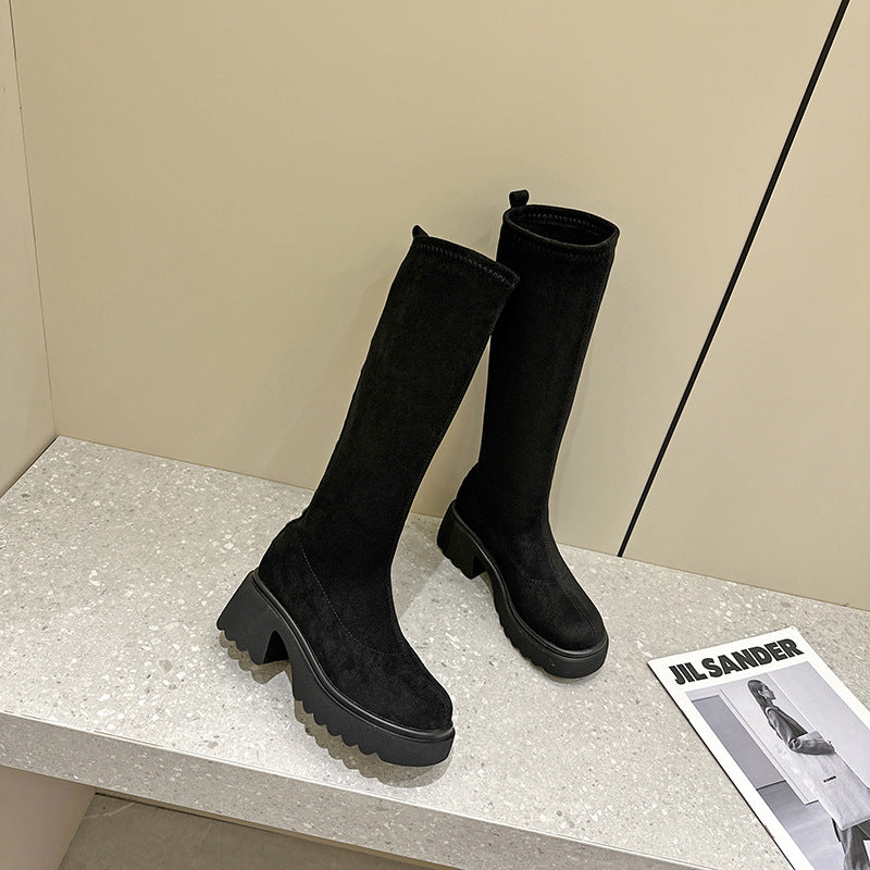 Platform Sheepskin-lined Knee-high Boots Figure-flattering And Not Quite Knee-length