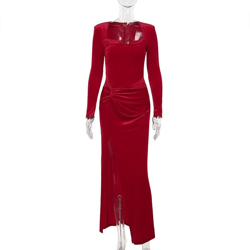 Socialite Style Elegant Long Sleeve Velvet Slit Formal Dress