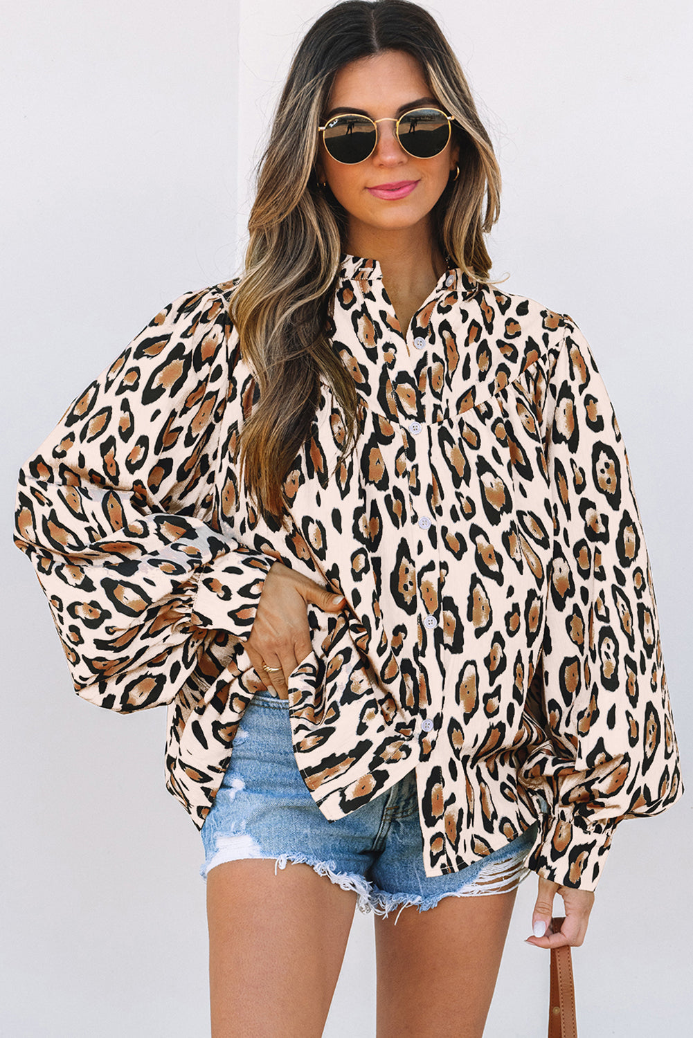 Camisa informal de manga globo y estampado de leopardo extragrande Jet Stream