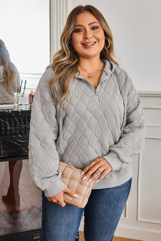 Sudadera con capucha gris acolchada con cremallera corta, talla grande