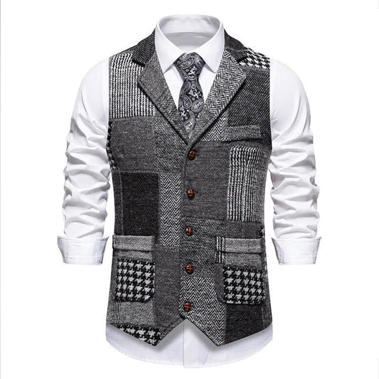 Chaleco de traje con solapa de retazos retro para hombre