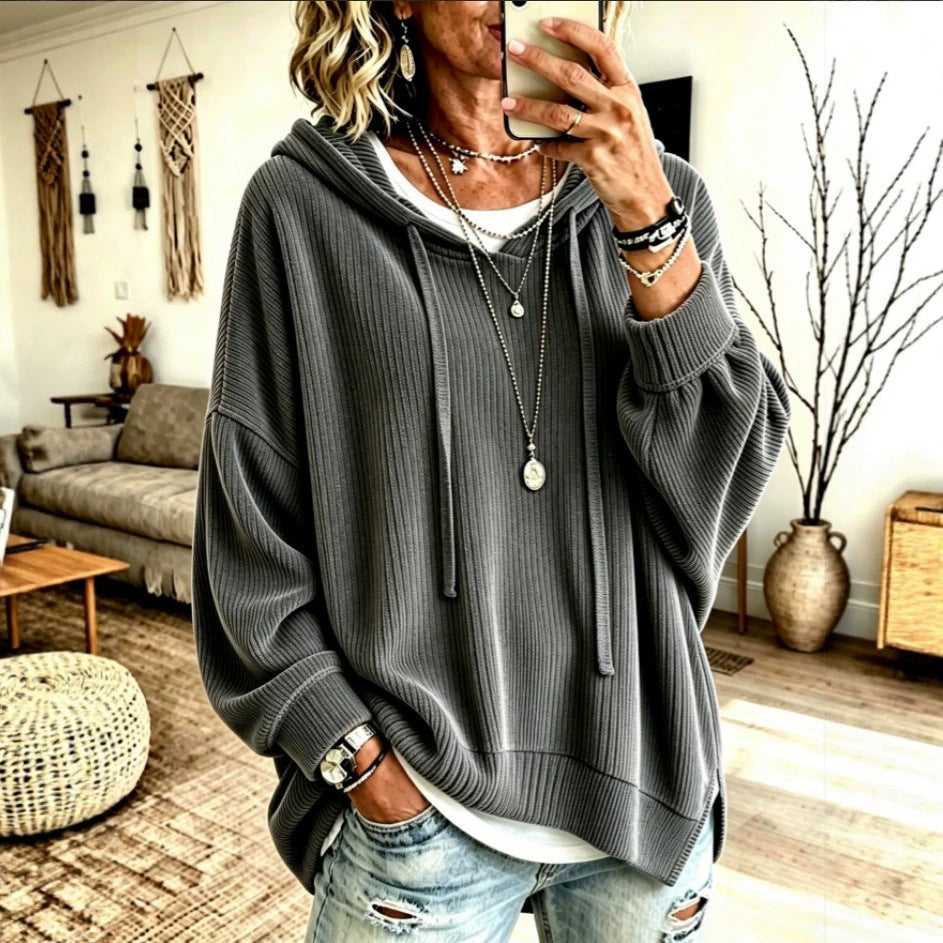 Women Ribbed Knit Drawstring Hoodie, Long Sleeve Drop Shoulder Slit Hem Loose Casual Sweatshirt