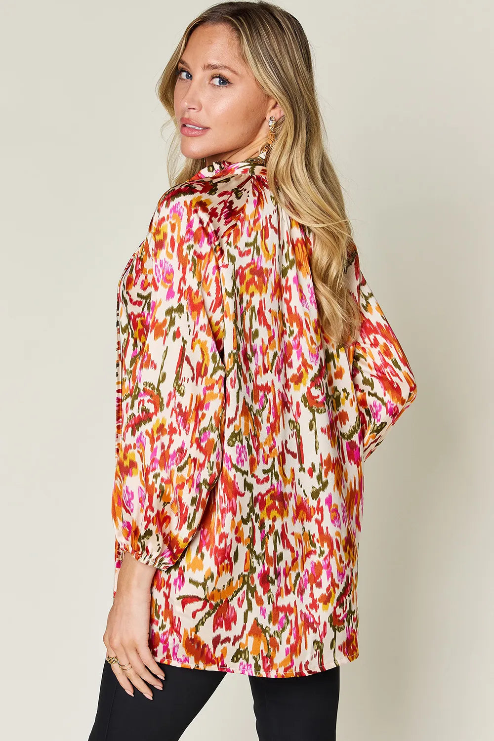 Camisa abotonada de manga larga estampada Full Size Double Take