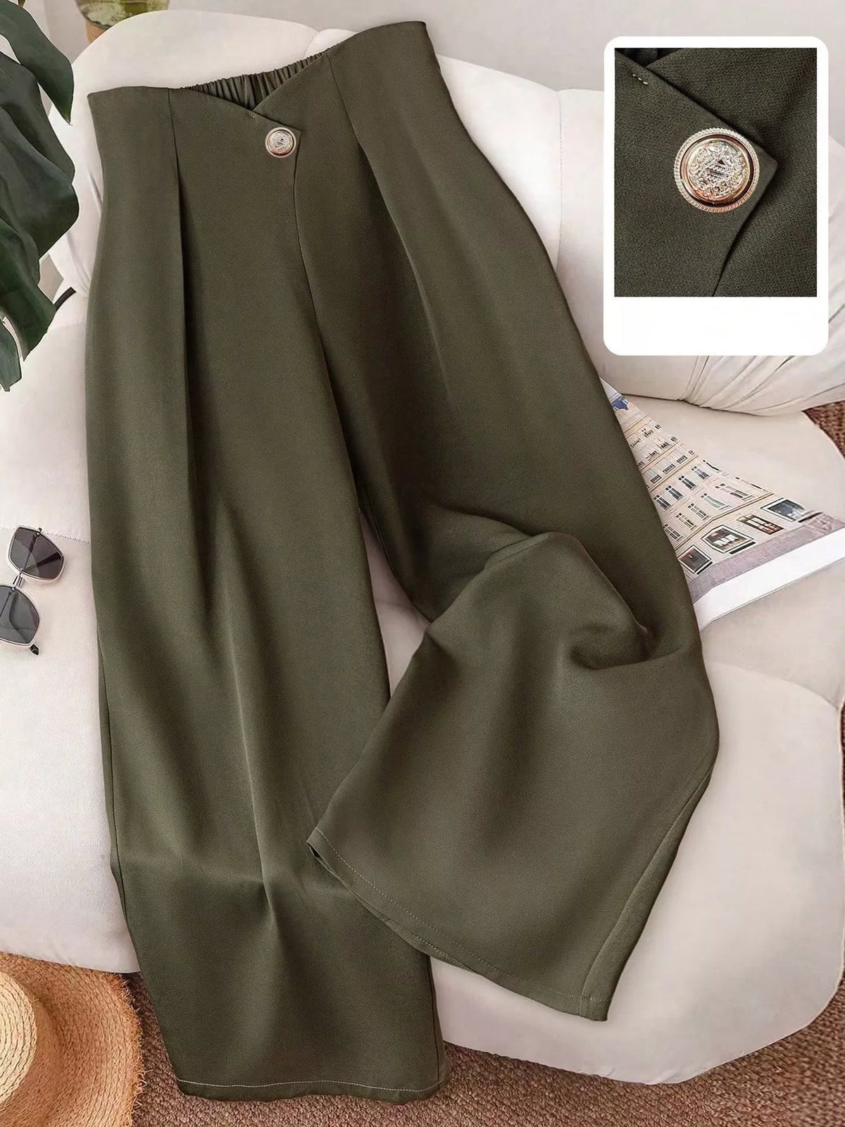 Wide-Leg Button-Accent Pants