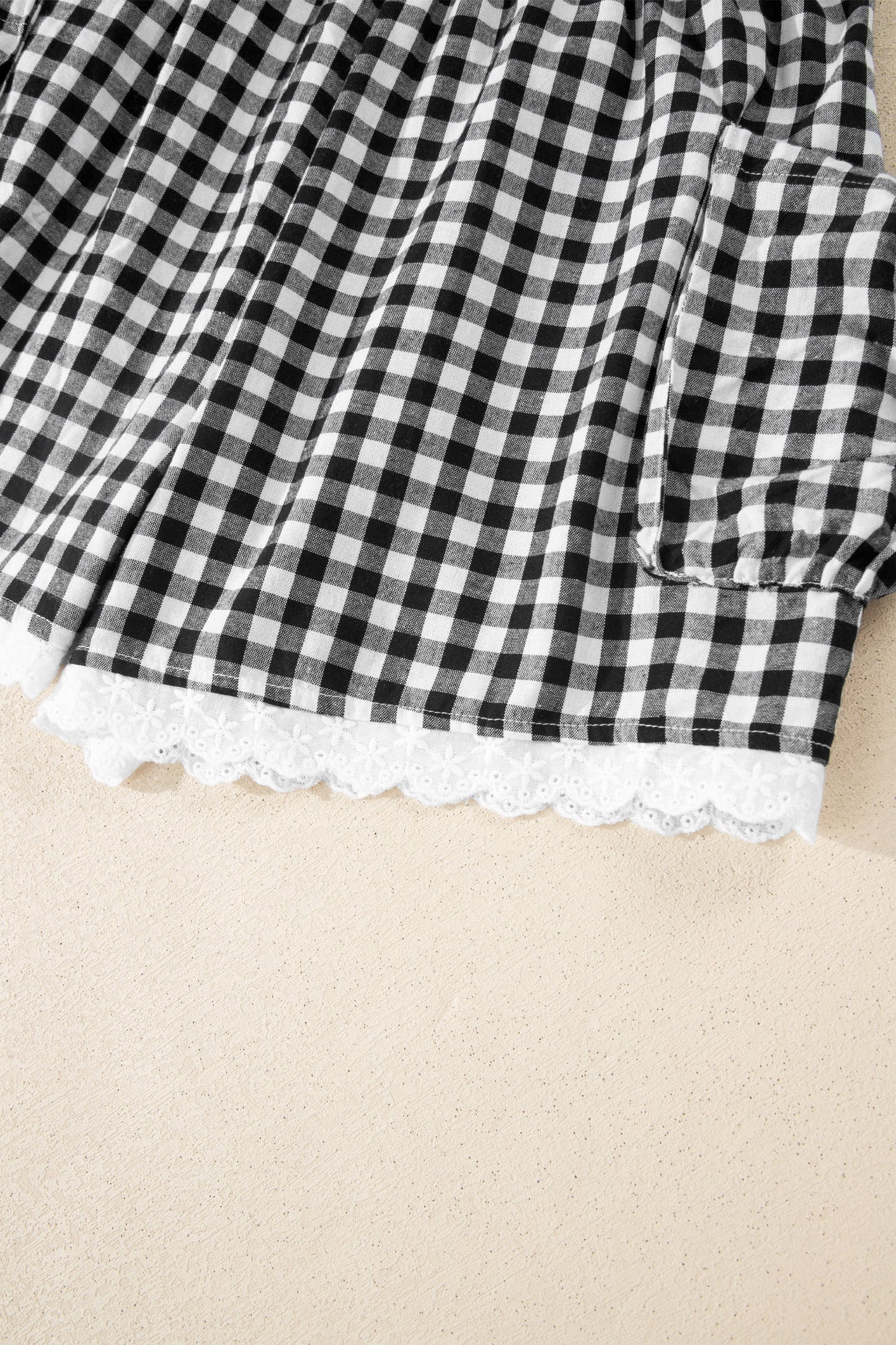 Black Gingham Lace Trim Shorts with Pouch Pockets