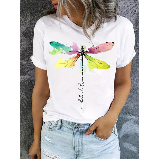 Camiseta de manga corta con estampado de libélulas y cuello redondo informal