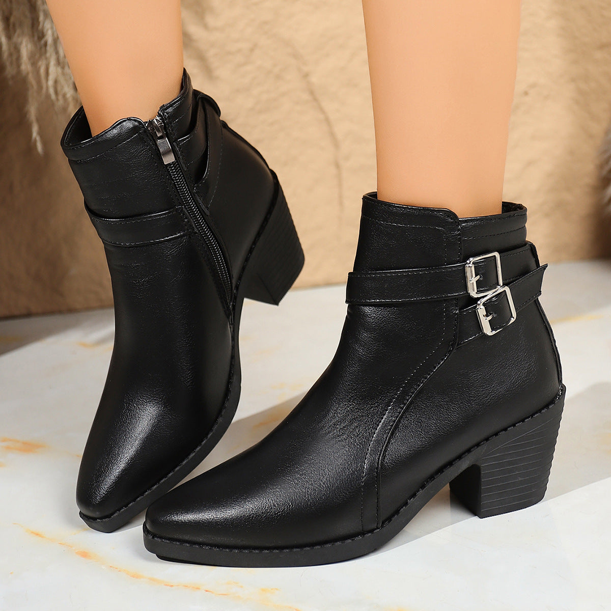 Women's Leather Belt Buckle Ankle Boots