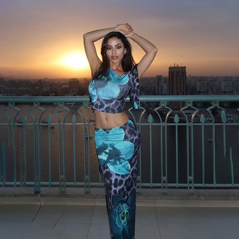 Contrast Color Leopard Print Flower Print Sleeveless Midriff-baring Long Dress Suit