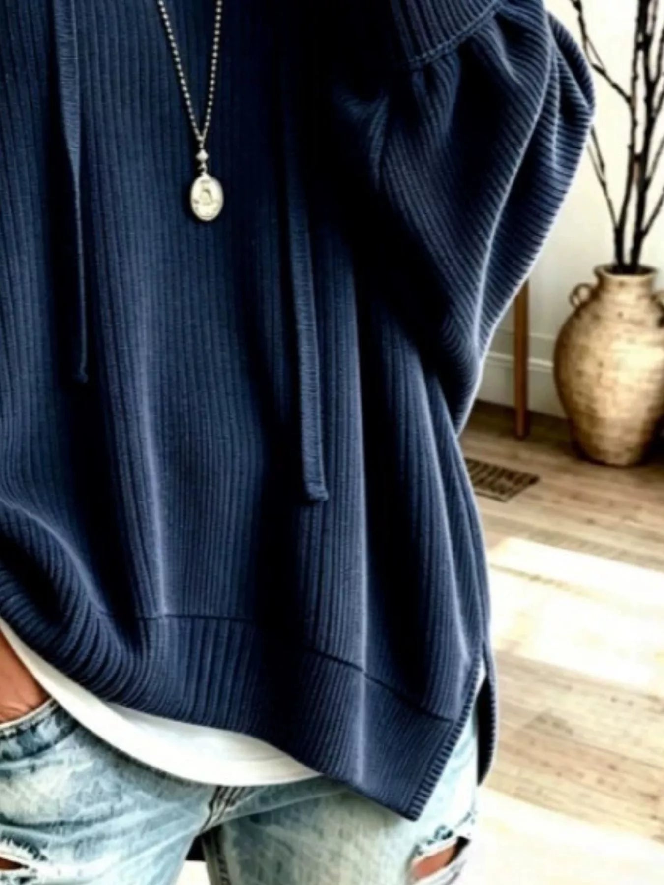 Drawstring Ribbed Knit Hoodie