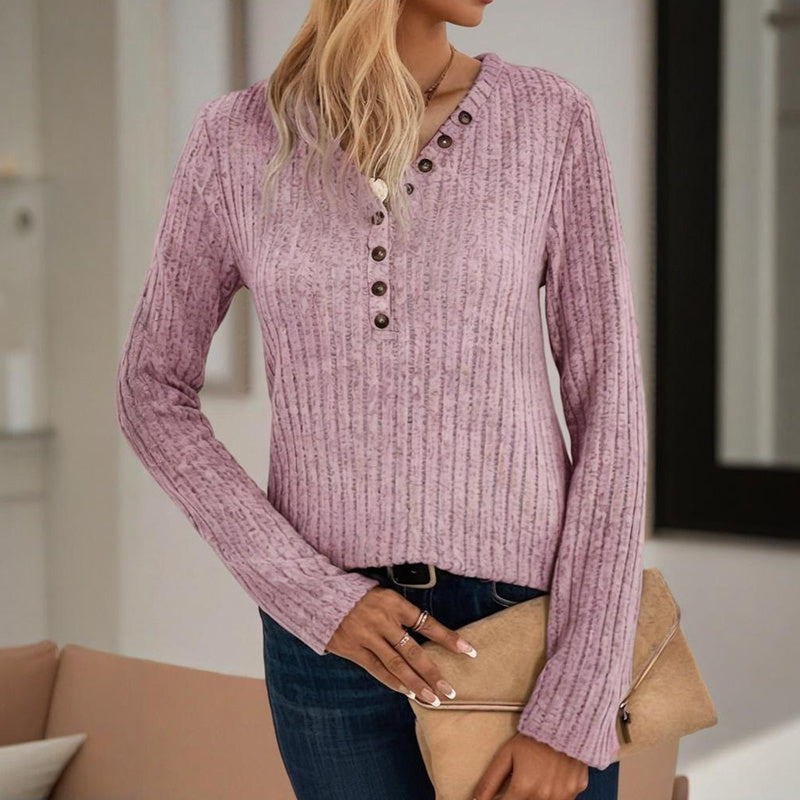 Top de punto de manga larga con cuello de pico y botones de color liso para mujer