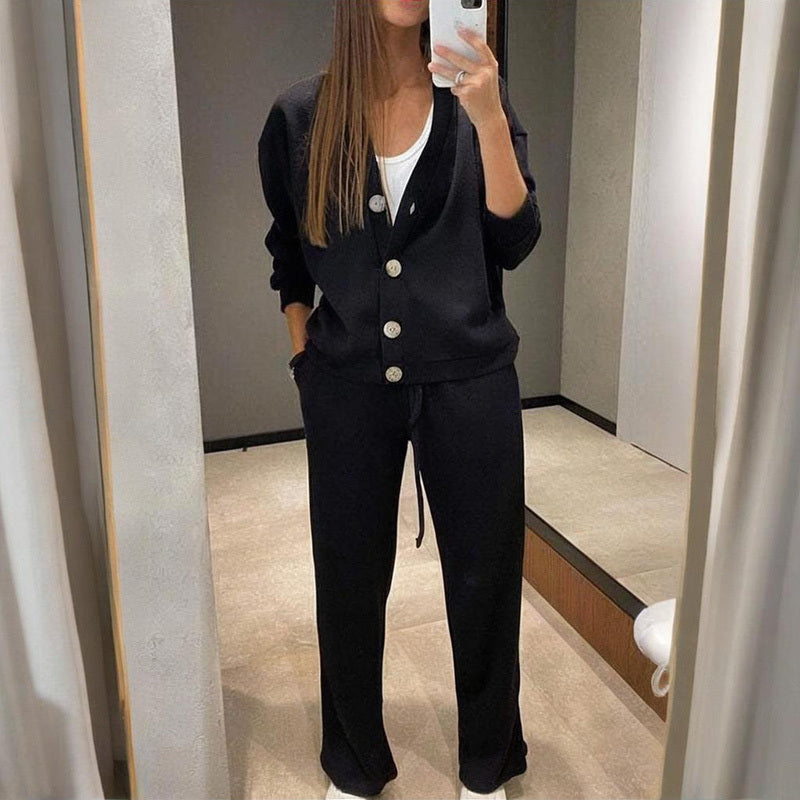 Cárdigan de punto casual con bolsillo y pantalón de salón con cordón ajustable