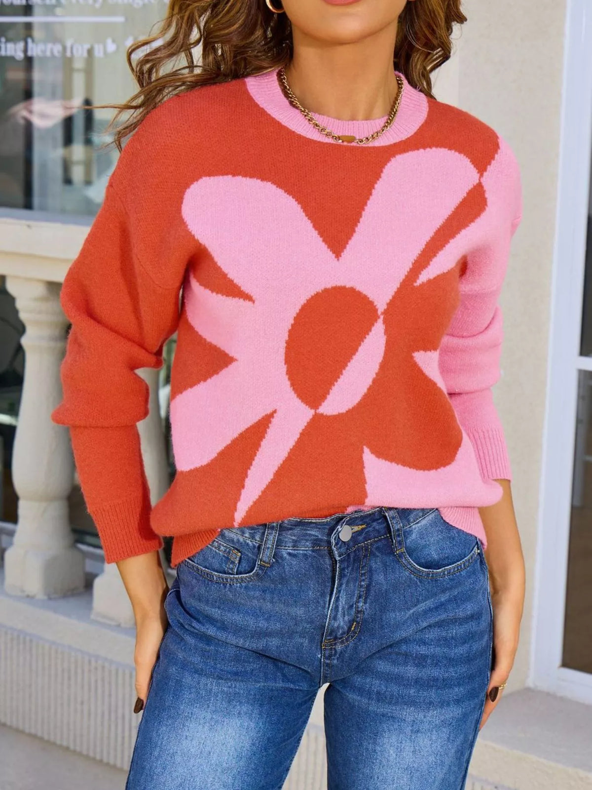 Floral Pattern Color Block Sweater