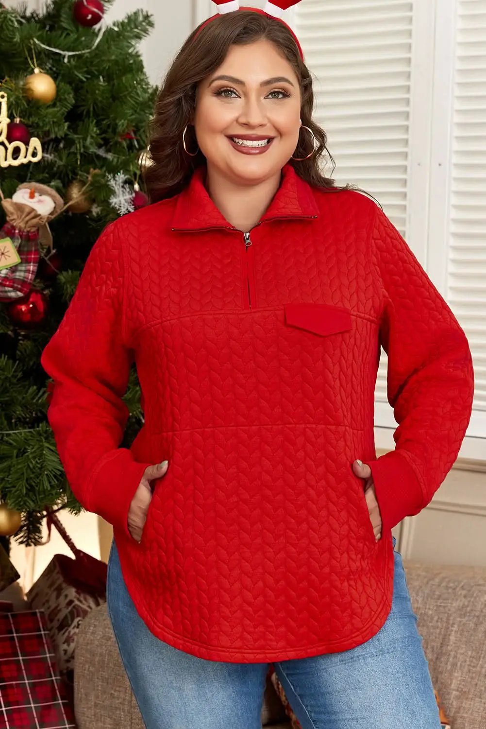 Love Salve Women's Plus Size Cable Knit Pullover — Quarter Zip Sweater