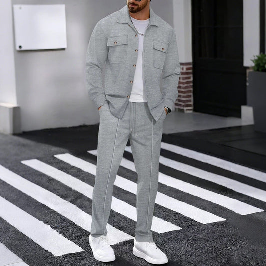 Autumn New Waffle Long-sleeved Trousers Two-piece Set Cardigan Shirt Suit