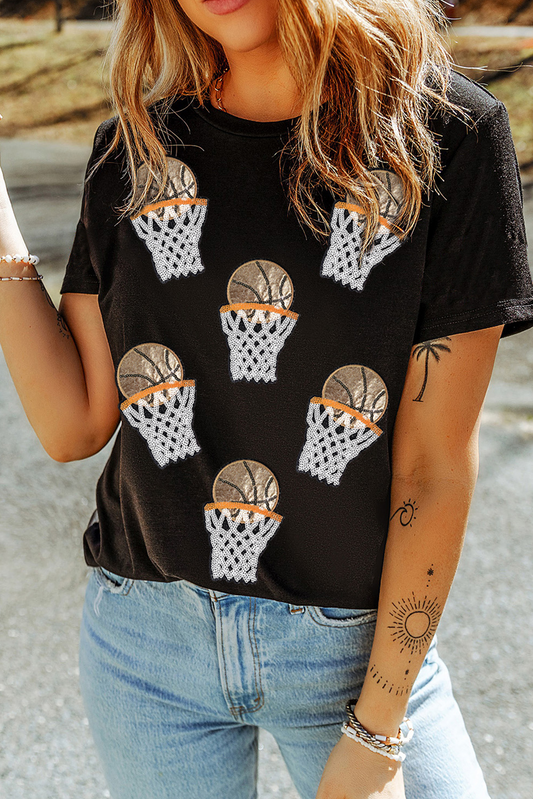 Camiseta Negra de Manga Corta de Baloncesto con Parches de Lentejuelas