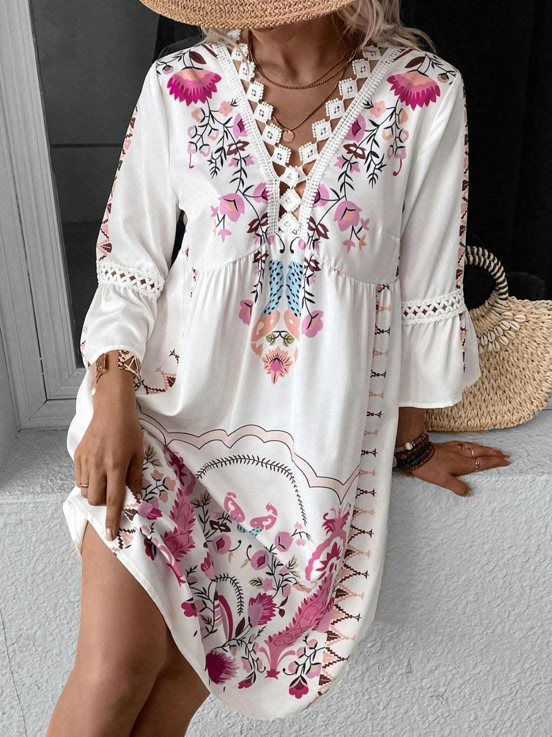 Dresses Trendsi Lace Printed Three-Quarter Dress with Sheer Elegan
