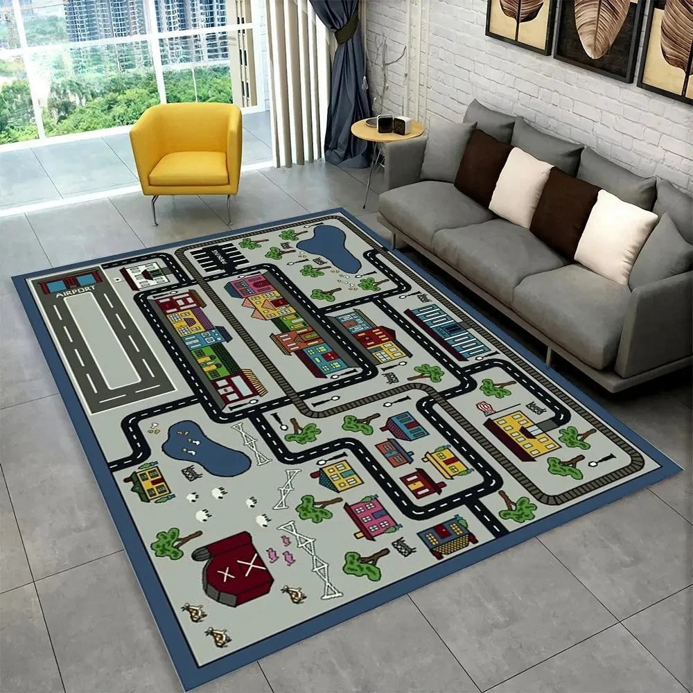 Fun Racing Track Flannel Floor Mat Non-Slip Home Decor Rug For Kids Rooms And Play Areas