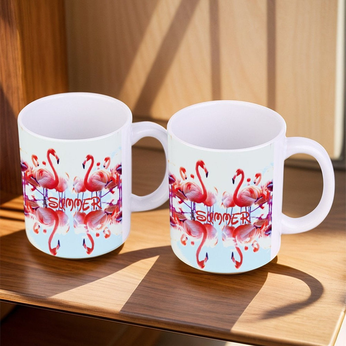 Pink Flamingos Summer Design 14oz White Ceramic Mug with Handle (Made in USA)