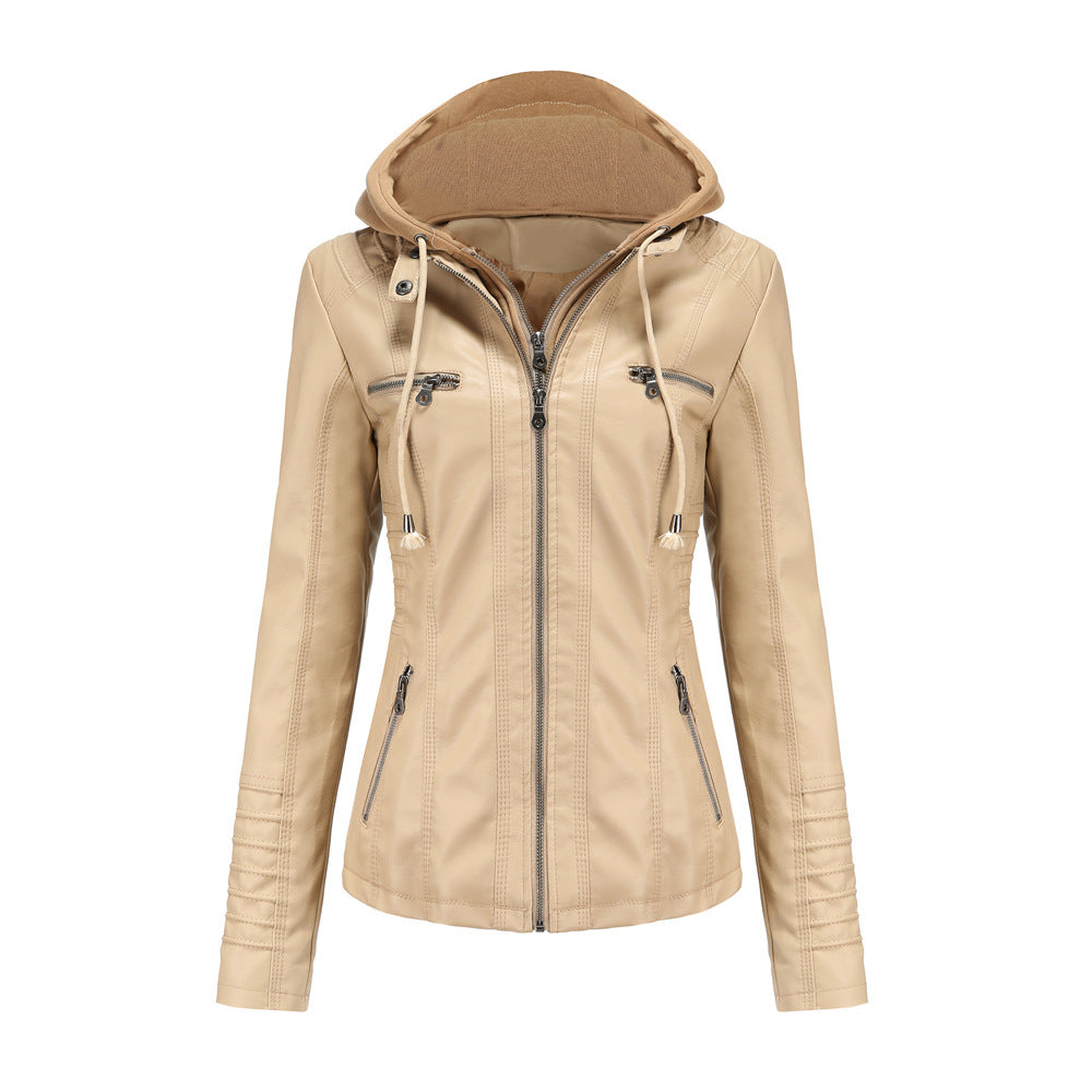 23 European And American Cross-border Hooded Leather Jacket Two-piece Set Removable Large Size Leather Jacket Women's Spring And Autumn Coat Women's PU Wash Leather