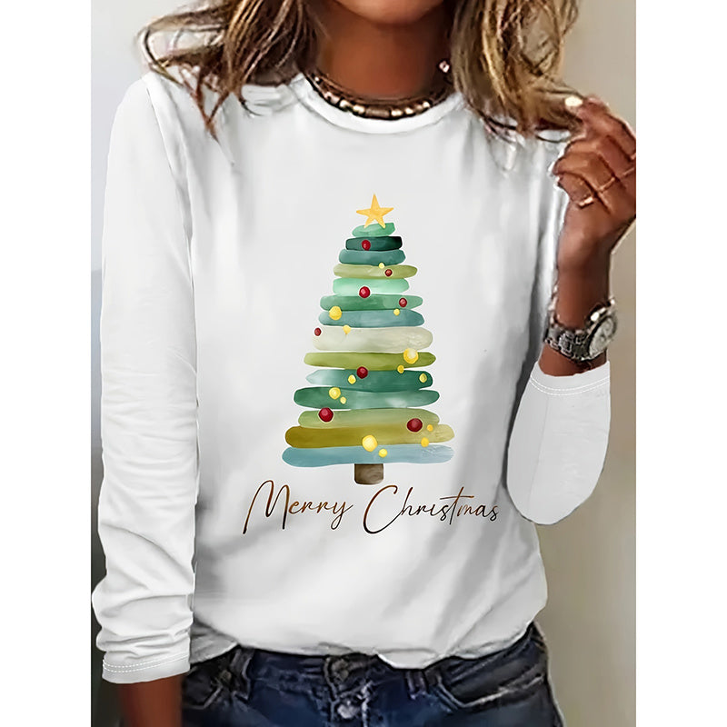 Camiseta de manga larga "Feliz Navidad" para mujer – Camiseta con gráfico de árbol de Navidad adorable