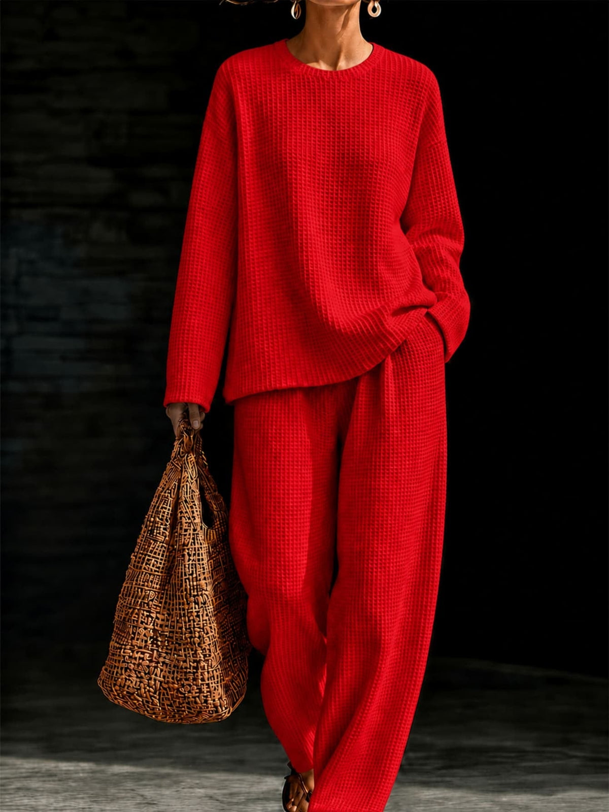 Women's Waffle Knit Oversized Crew-Neck Pullover & Relaxed Wide-Leg Trouser Lounge Co-ord Set