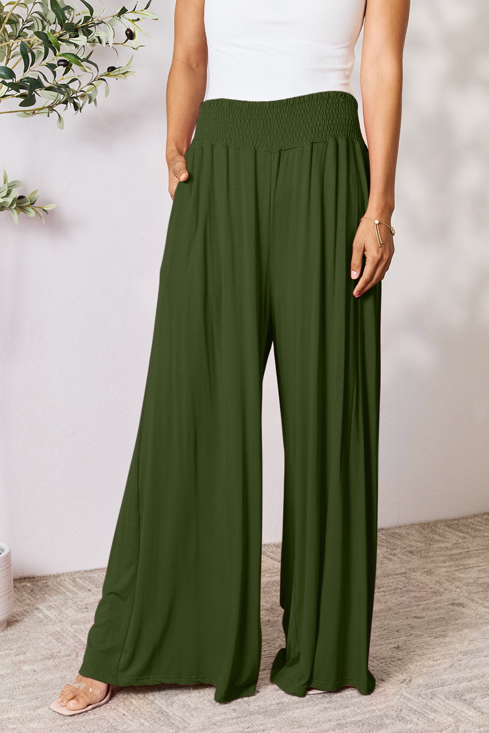 Pantalón ancho de talle alto fruncido de cuerpo entero Double Take