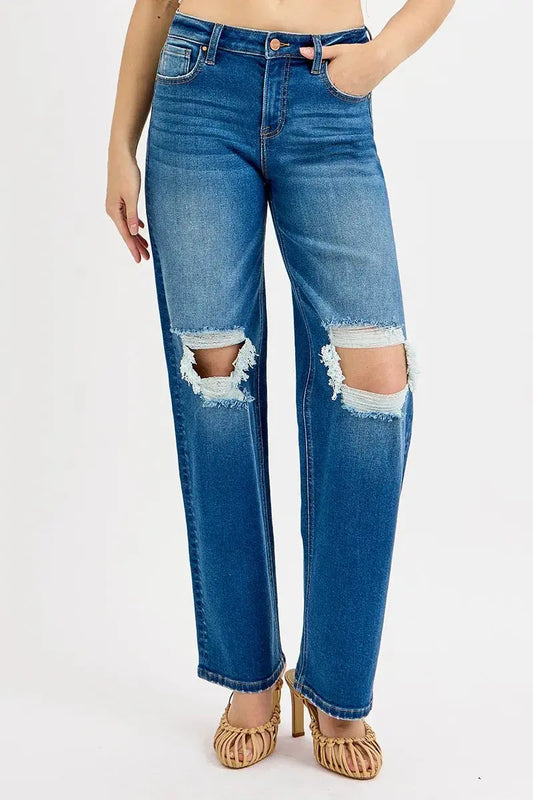 Vaqueros de talla grande para mujer, estilo boyfriend, tiro medio, desgastados - Talla grande para mujer