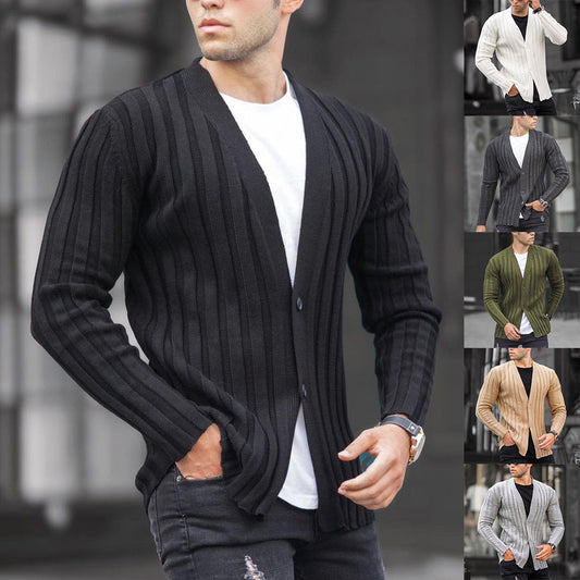 Cárdigan liso de color para hombre estilo europeo y americano, suéter casual de punto con patrón de rayas verticales y corte ajustado