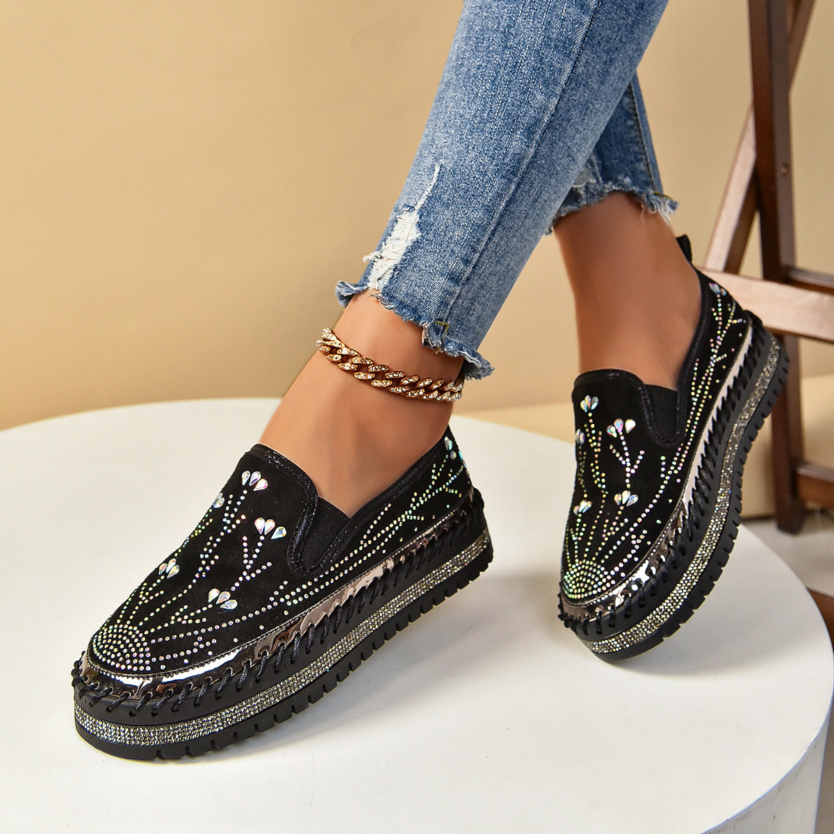 Rhinestone Platform Slip-On Sneakers