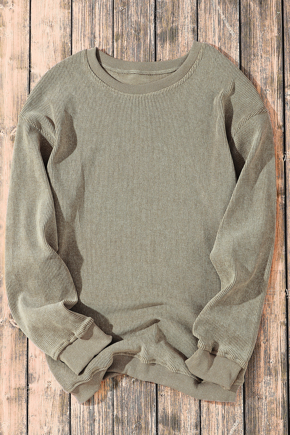 Sudadera Rosa Sólida de Punto Acanalado y Cuello Redondo