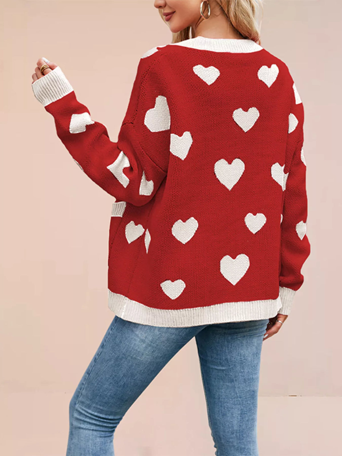 Heart Pattern V-Neck Button-Down Knit Cardigan