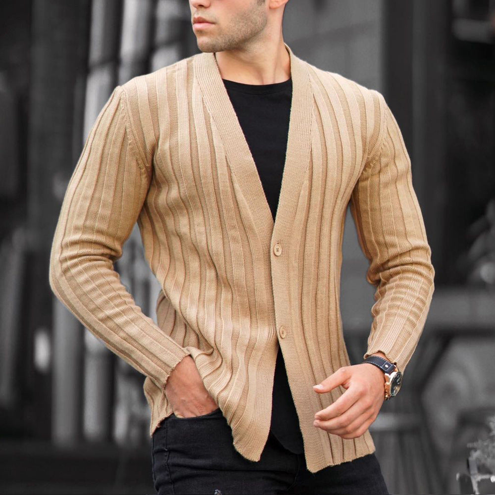 Cárdigan liso de color para hombre estilo europeo y americano, suéter casual de punto con patrón de rayas verticales y corte ajustado