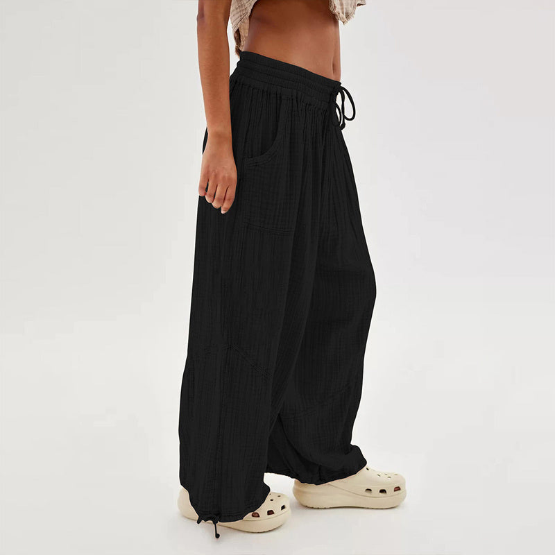 Pantalones de pernera ancha de color liso para mujer – Cintura elástica con cordón y bolsillos laterales