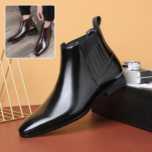 Botines Chelsea para hombre de punta, tacón cuadrado, zapatos de cuero formales de negocios