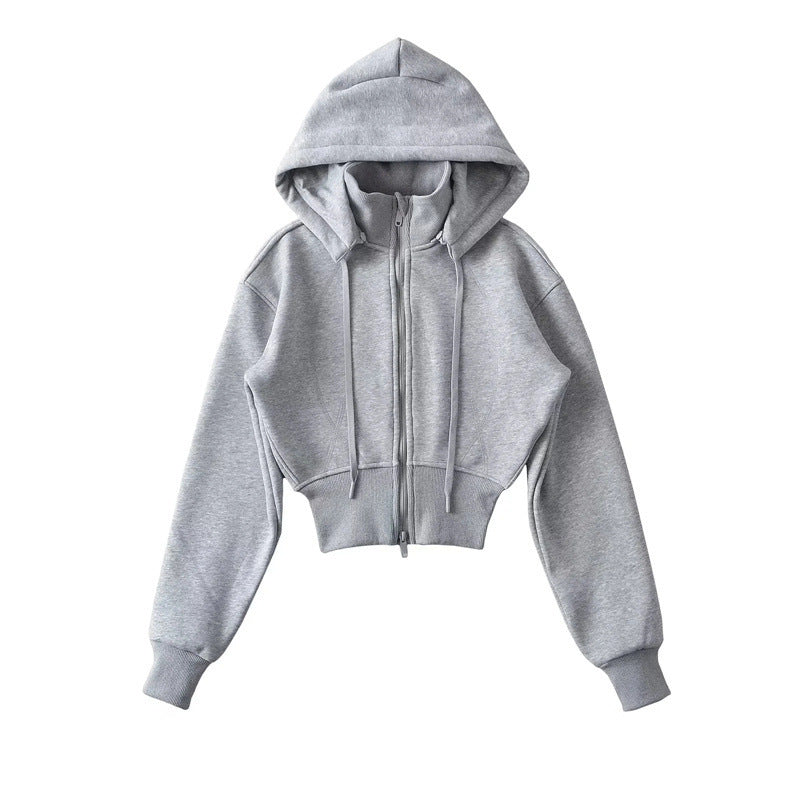 European And American Style Fleece-lined Waist Stand Collar Detachable Hooded Zipper Sweatshirt See size chart under “more details”